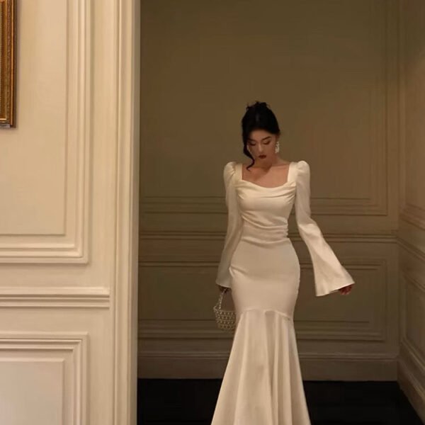 Sexy French Sheath Square Neckline Ivory Long Sleeves Prom Dresses Birthday Outfits Evening Gown SD1057