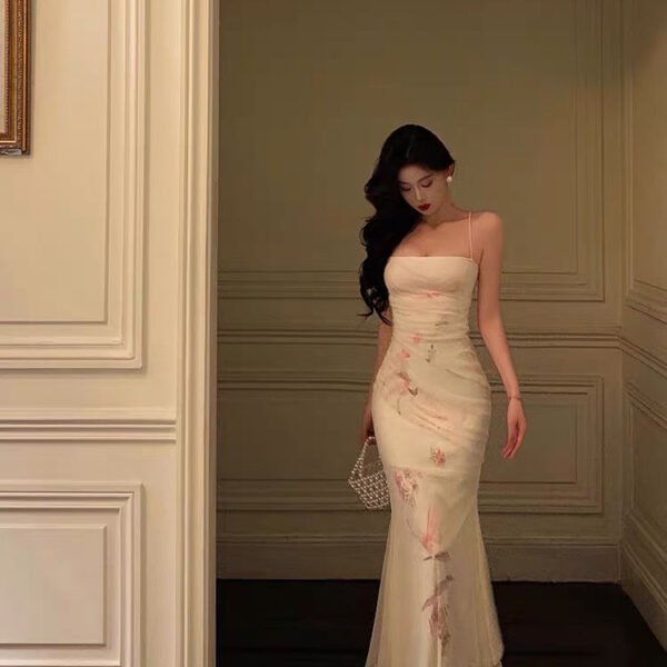 Gorgeous Mermaid Spaghetti Straps White Floral Date Night Dress Long Prom Dresses Birthday Outfits SD1061