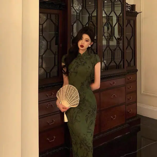 Gorgeous Sheath High Neckline Short Sleeves Green Date Night Dress Long Prom Dresses Birthday Outfits SD1068