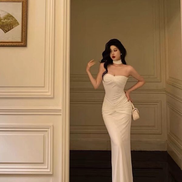 Classy Sheath Strapless Neckline White Prom Dresses Birthday Outfits Evening Gown SD1077