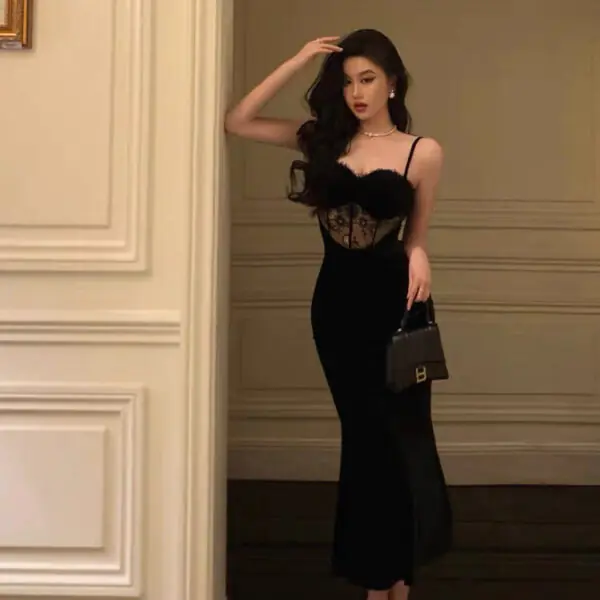 Gorgeous Sheath Spaghetti Straps Black Lace Date Night Dress Long Prom Dresses Birthday Outfits SD1078