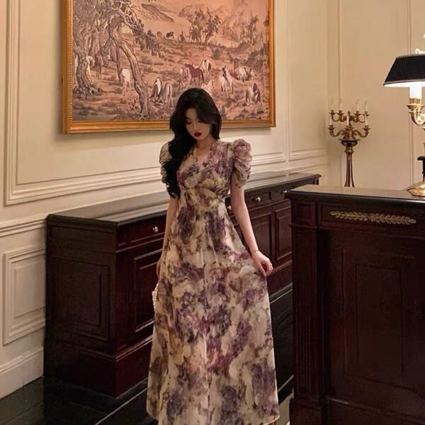 Classy A line V Neckline Grape Flora Chiffon Prom Dresses Birthday Outfits Evening Gown SD1079