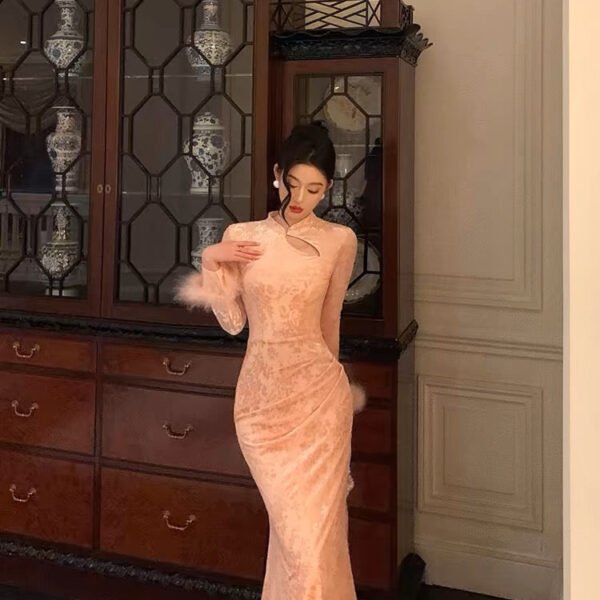 Gorgeous Sheath High Neckline Long Sleeves Pink Date Night Dress Long Prom Dresses Birthday Outfits SD1080