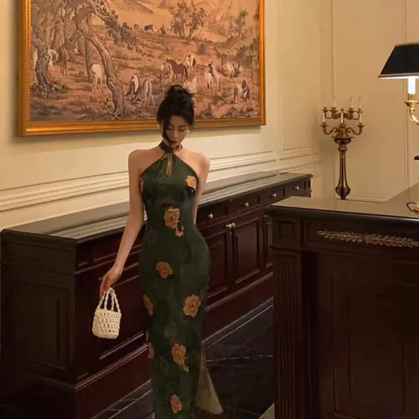 Classy Sheath Halter Green Slit Prom Dresses Birthday Outfits Evening Gown SD1085