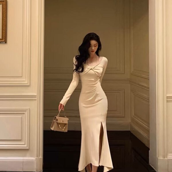 Classy Mermaid Long Sleeves Ivory Slit Prom Dresses Birthday Outfits Evening Gown SD1095