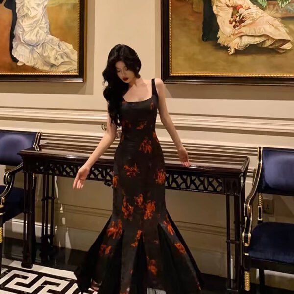 Classy Sheath Straps Black Floral Prom Dresses Birthday Outfits Evening Gown SD1096