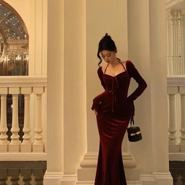 Gorgeous Mermaid Halter Burgundy Date Night Dress Prom Dresses Birthday Outfits SD1099