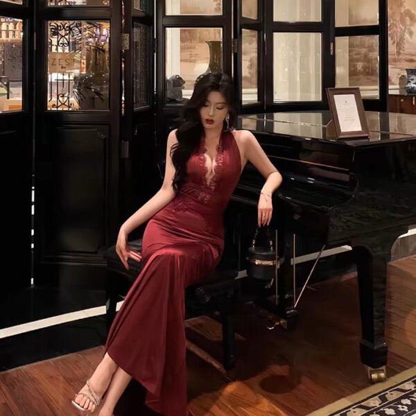 Gorgeous Mermaid V Neckline Burgundy Date Night Dress Lace Prom Dresses Birthday Outfits SD1102