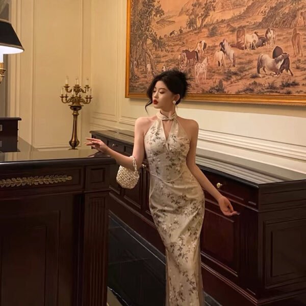 Sexy Sheath Straps Halter Floral Satin Prom Dresses Birthday Outfits Evening Gown SD1120