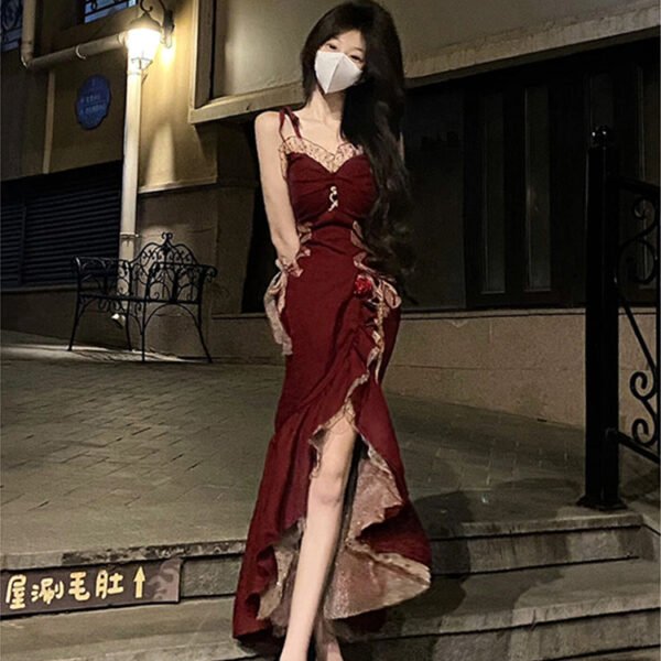 Princess High Low Spaghetti Straps Lolita Dress Christmas Dress Burgundy Birthday Dresses SD1129