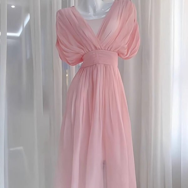 Sexy A line V Neckline Ruffled Pink Chiffon Beach Dress Women's Vacation Dresses SD1141