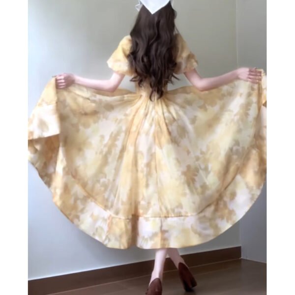 Sexy French A line Square Neckline Yellow Holiday Dress Floral Birthday Dresses Birthday Outfits SD1149