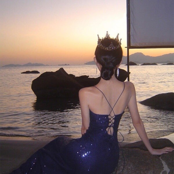 Sexy Sheath Spaghetti Straps Blue Sequin Beach Dress Women's Vacation Dresses Prom Dress SD1152