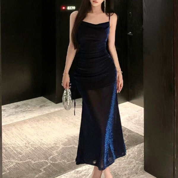 Sexy Sheath Spaghetti Straps Navy Blue Sequin Birthday Dresses Prom Dress SD1153