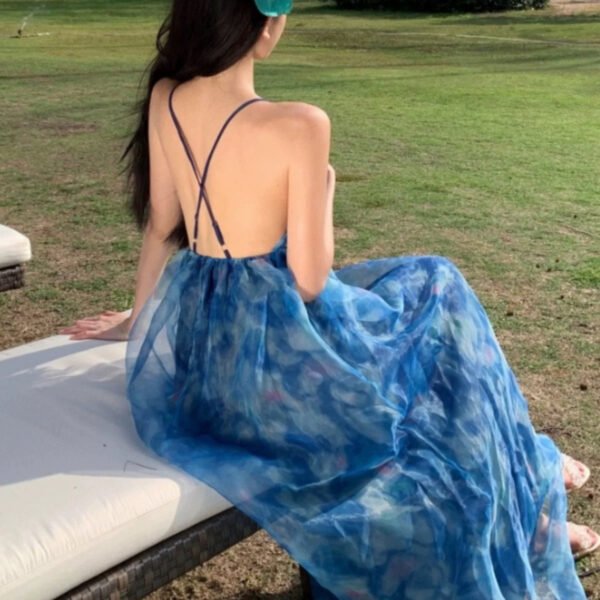 Sexy A line Spaghetti Straps Blue Floral Backless Holiday Beach Dress Women's Long Vacation Dresses SD1155