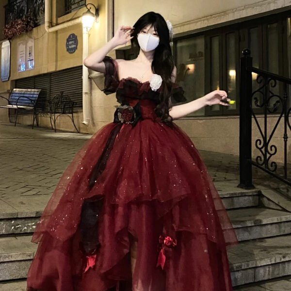 Sexy Ball Gown Strapless Burgundy Tulle Birthday Dresses Night Party Dress SD1159