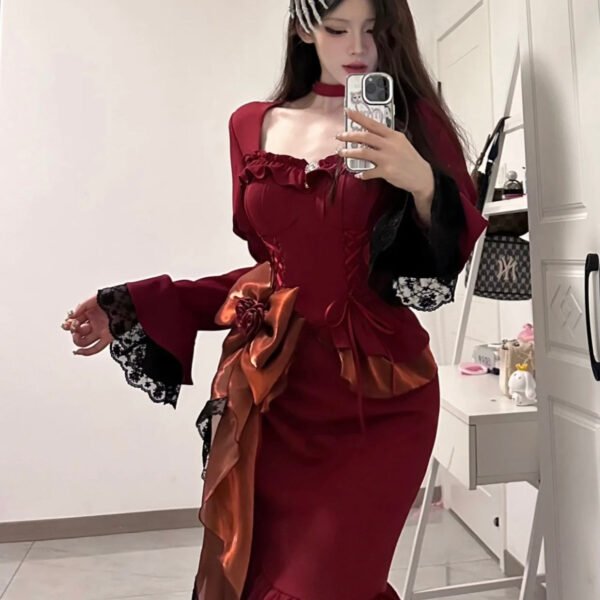 Chic Mermaid Square Neckline Christmas Dress Burgundy Birthday Dresses Birthday Outfits SD1161