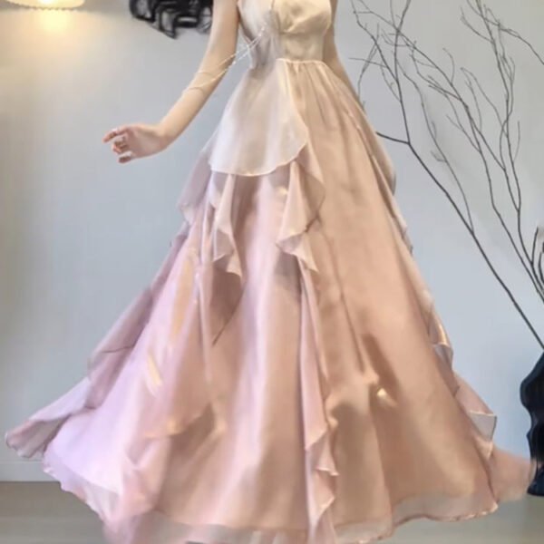 Sexy Mermaid Spaghetti Straps Ombre Pink Chiffon Dress Long Prom Dresses Birthday Outfits SD1173