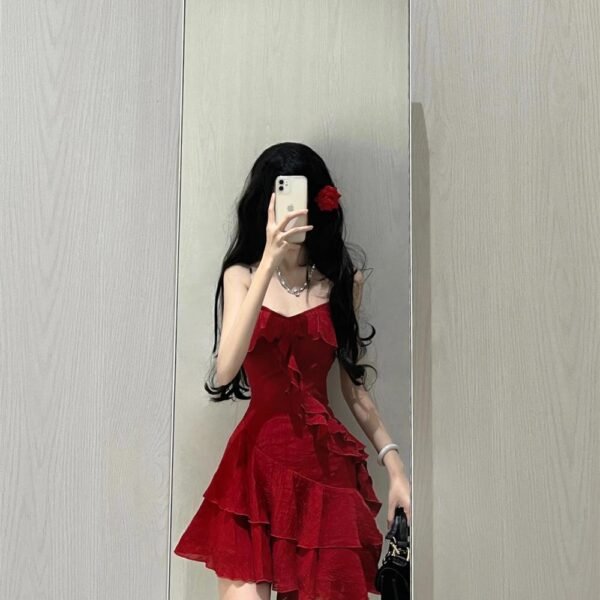 Cute A line Spaghetti Straps Red Short Ruffles Skirt Birthday Dresses Birthday Outfits SD1177