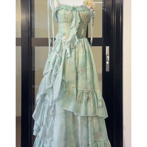 Vintage A line Spaghetti Straps Green Floral Long Birthday Dresses Prom Dress Birthday Outfits SD1189