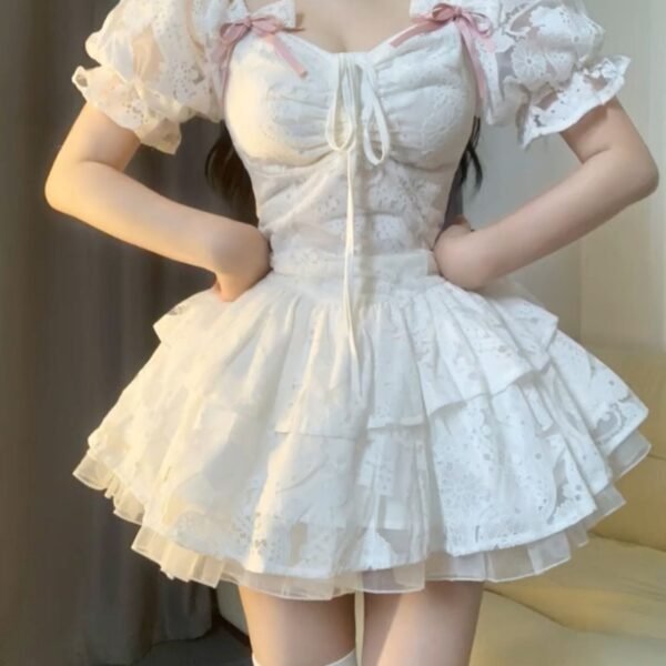 Chic Ball Gown Short Sleeves White Lace Lolita Dresses Party Dress Birthday Outfits SD1192