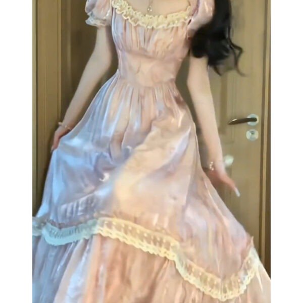 Cute A line Square Neckline Pink Lace Long Prom Dresses Night Dress Birthday Outfits SD1193