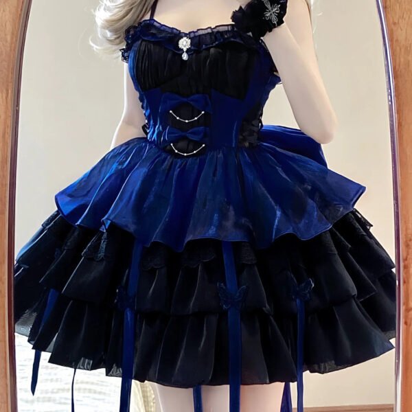 Chic Ball Gown Straps Royal Blue Organza Short Lolita Dresses Party Dress Birthday Outfits SD1194