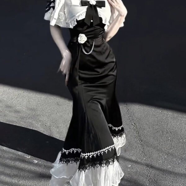 Princess A line Black Satin Long Prom Dresses Night Lolita Dress Birthday Outfits SD1195