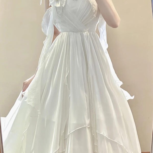 Vintage A line Spaghetti Straps White Floral Long Birthday Dresses Prom Dress Chiffon Birthday Outfits SD1208