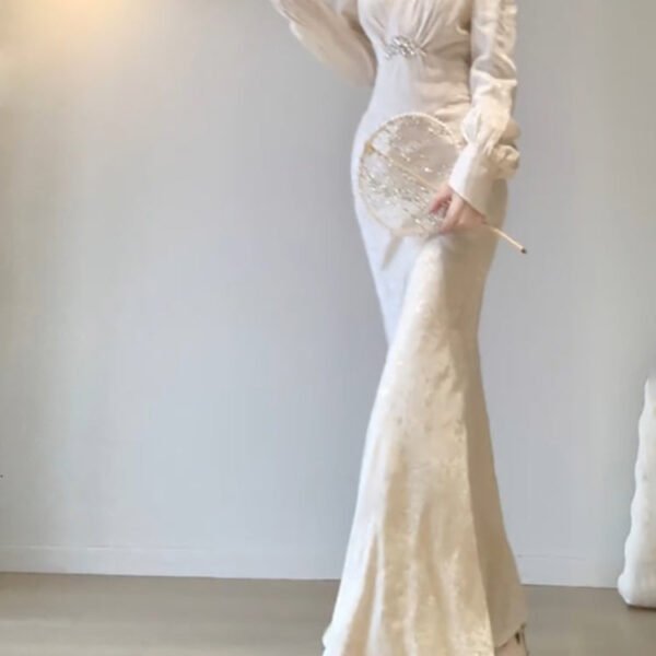 Sexy Mermaid V Neckline Long Sleeves White Prom Dresses Night Dress Birthday Outfits SD1211