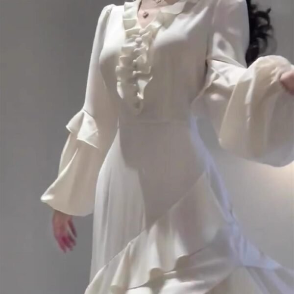 Sexy Mermaid V Neckline Long Sleeves White Women's Beach Dress Vacation Dresses Birthday Dress SD1226