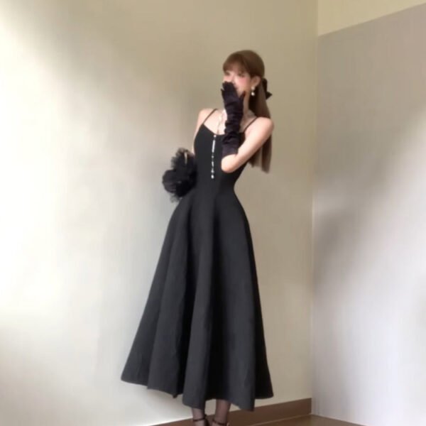 Sexy A line Spaghetti Straps Black Satin Women's Beach Dress Vacation Dresses Birthday Dress SD1232