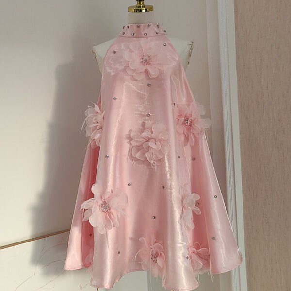 Cute A line Halter Pink Travel Vacation Dresses Short Satin Birthday Dress SD1245