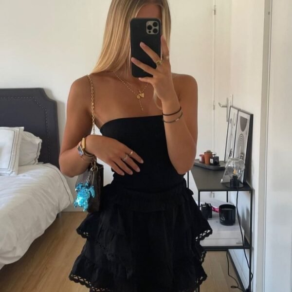 Vintage A line Strapless Layered Ruffle Mini Dresses Black Homecoming Dress 16th Birthday Dresses SD1436
