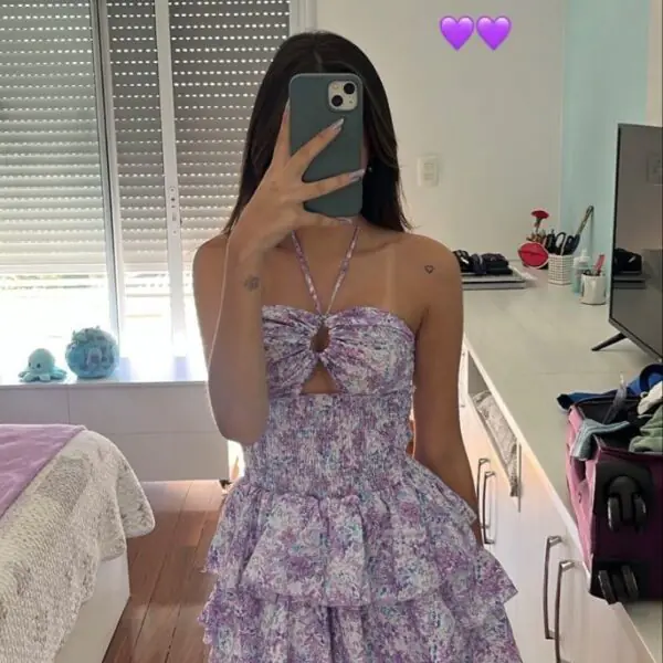 Vintage A line Halter Floral Lilac Mini Dresses Satin Homecoming Dress 18th Birthday Dresses SD1441