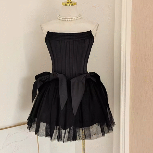 Cute A line Strapless Black Travel Vacation Dresses Short Satin Birthday Dress SD147