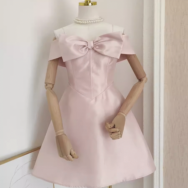 Cute A line Straps Pink Travel Vacation Dresses Short Satin Birthday Dress SD149