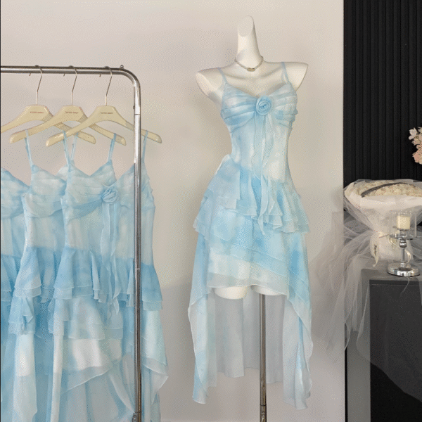 Sexy High Low Spaghetti Straps Ice Blue Ombre Dress Beach Holiday Dresses SD285