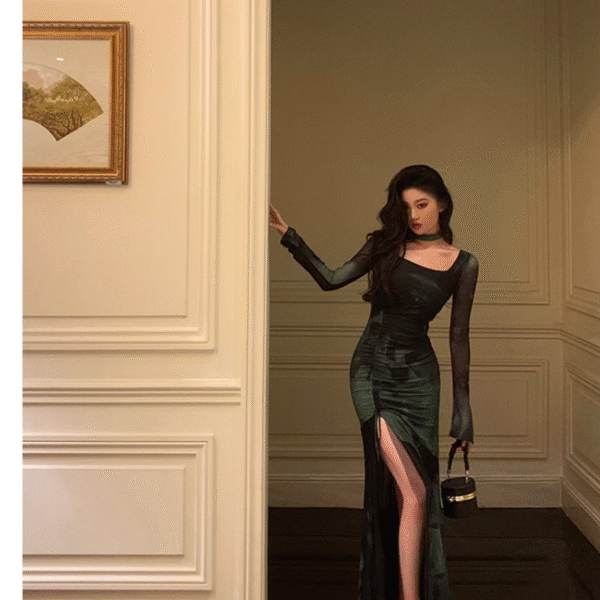 Chic Sheath Square Neckline Long Sleeves Green Long Prom Dresses Birthday Dress SD290