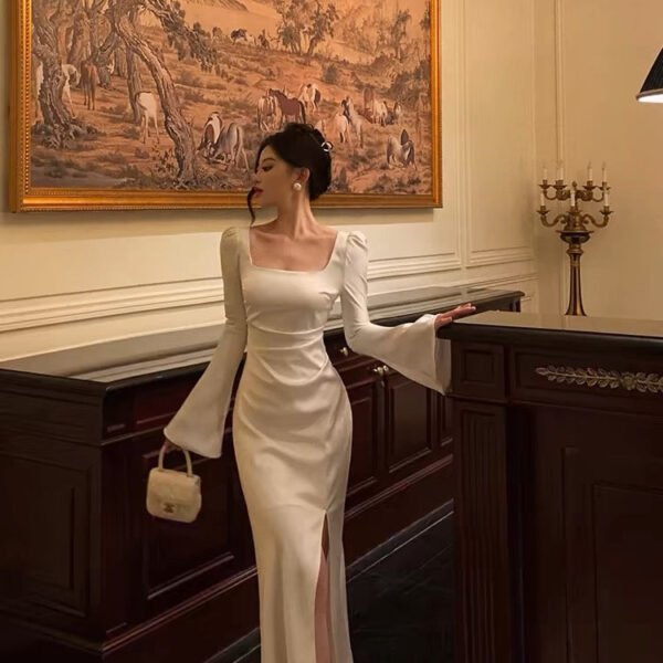 Chic Mermaid Square Neckline Long Sleeves Slit Prom Dresses Birthday Outfits SD294