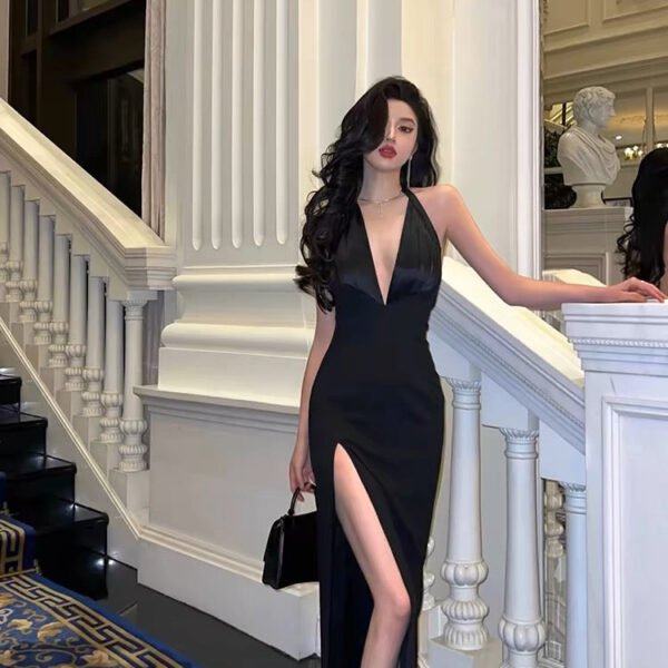 Chic Mermaid V Neckline Backless Black Slit Prom Dresses Birthday Outfits SD295