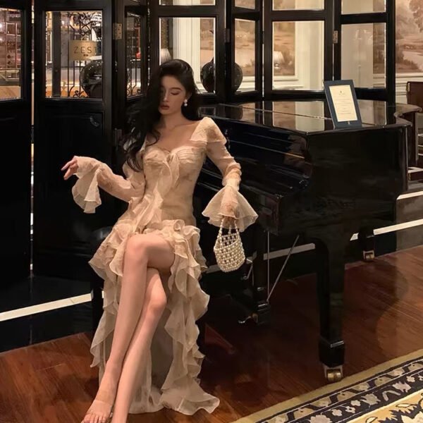 Chic High Low Sweetheart Long Sleeves Floral Ruffles Chiffon Prom Dresses Birthday Outfits SD296