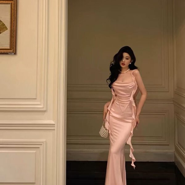 Sexy Mermaid Straps Neckline Backless Silk Satin Pink Slit Prom Dresses Birthday Outfits SD301