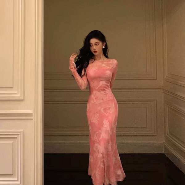 Sexy Sheath Pink Floral 2 Pieces Long Sleeves Prom Dresses Birthday Outfits SD309