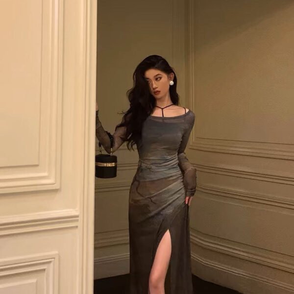 Sexy Sheath Floral 2 Pieces Long Sleeves Slit Prom Dresses Birthday Outfits SD311