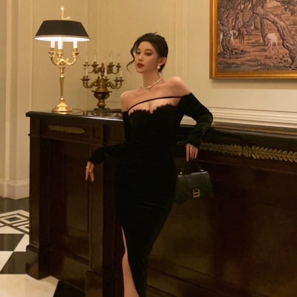 Sexy Sheath Off The Shoulder Black Velvet Slit Mid Length Prom Dresses Birthday Outfits SD312