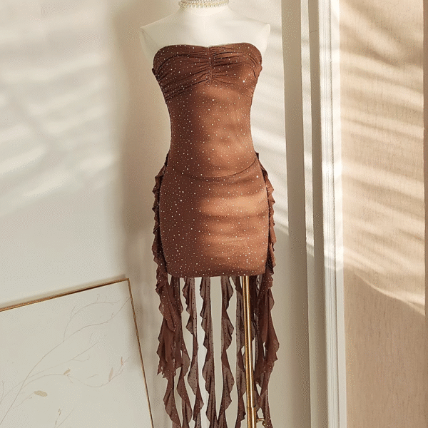 Sexy Sheath Strapless Ruffles Tulle Brown Vacation Dresses Short Birthday Outfits SD345