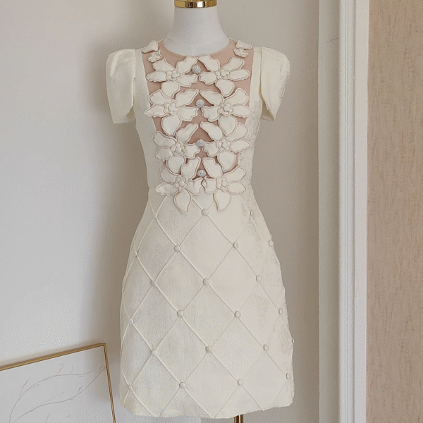 Cute A line Boat Short Sleeves Satin White Party Dress Short Holiday Dresses SD347