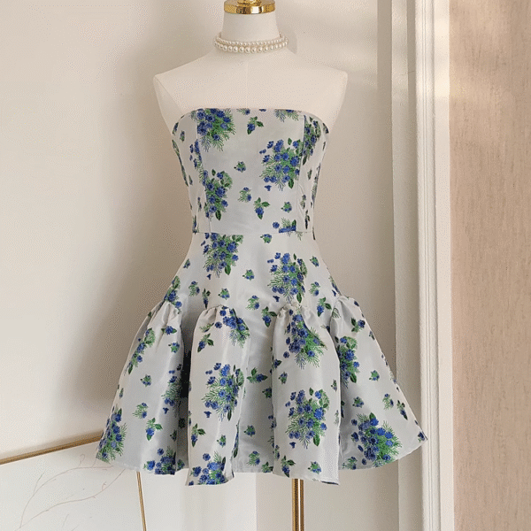 Cute A line Strapless Sleeveless Blue Floral Party Dress Short Birthday Dresses SD353