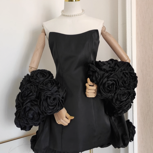 Cute A line Strapless Sleeveless Black Satin Party Dress Short Birthday Dresses With Cape SD355